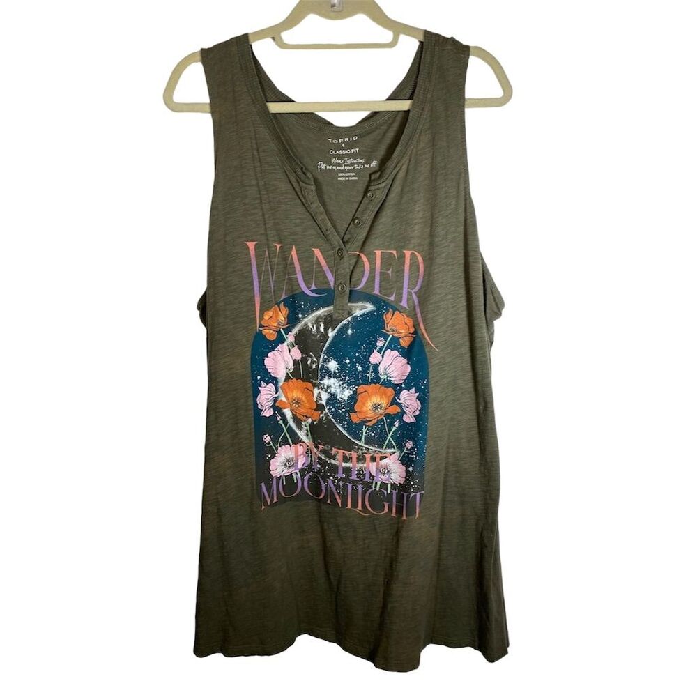 Torrid Women's Plus Size 4x 26 Green Floral Graphic Tank Top Henley Sleeveless